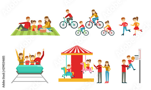 Happy Family Having Good Time Together Set, Parents and They Children Rollerblading, Riding Bikes, Having Picnic, Riding Roller Coaster, Playing Basketball Vector Illustration
