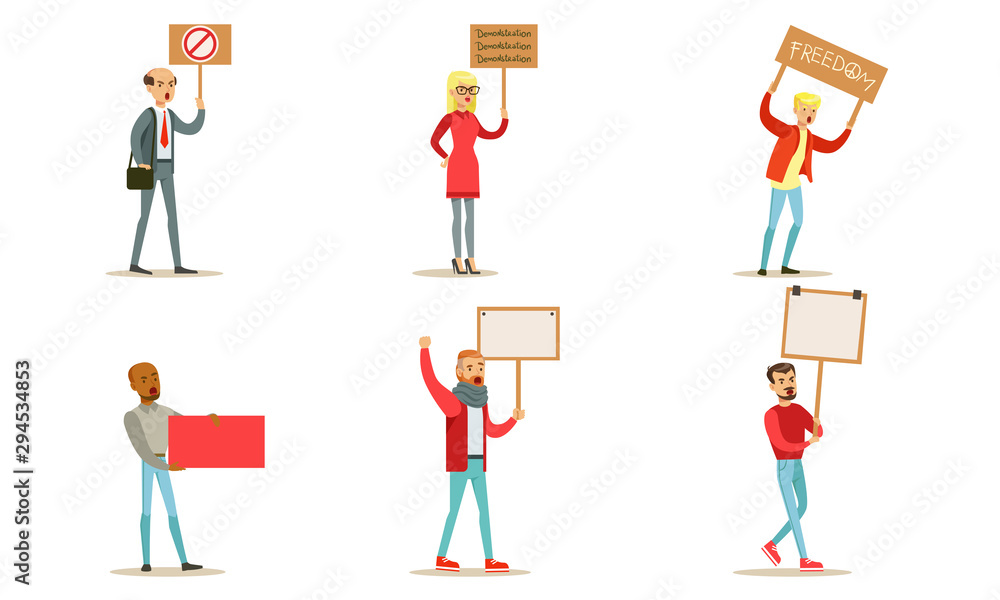 Protesting People Set, Men and Women Holding Blank Banners, Manifesting Activists Taking Part in Political Meeting, Parade Vector Illustration Protesting People Set, Men and Women Holding Blank Banners, Manifesting Activists Taking Part in Political Meeting, Parade Vector Illustration
