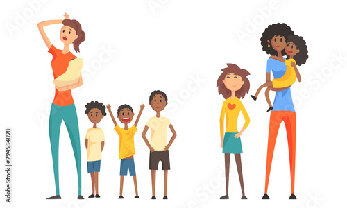 Large Family, Tired Parents and Their Children, Parenting Stress Vector Illustration