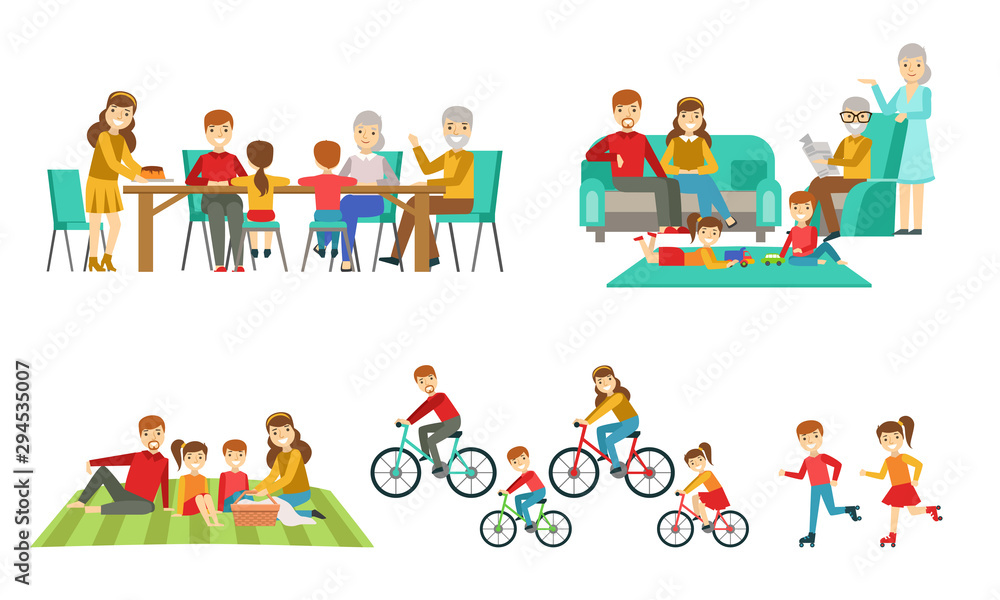 Happy Family Having Good Time Together Set, Parents, Grandparents and Children Drinking Tea, Having Picnic, Riding Bikes, Rollerblading Vector Illustration