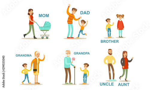 Happy Big Family Members Set, Grandma, Grandpa, Aunt, Uncle, Mother, Father, Brother and Sister Vector Illustration