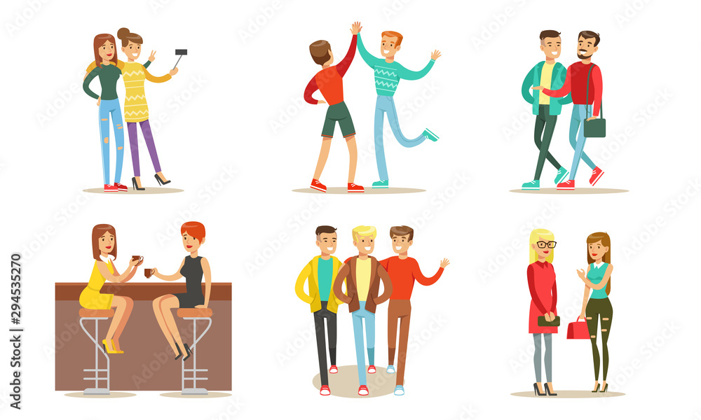 Friends Spending Good Time Together Set, Men and Women Meeting, Making Selfie, Giving High Five, Drinking Coffee Vector Illustration