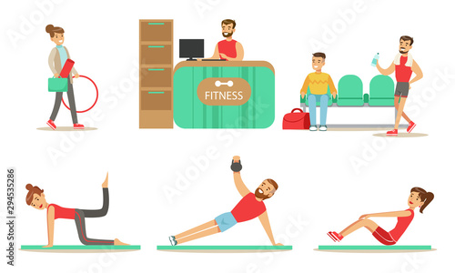 Fitness Center Set, Cheerful People Exercising in the Gym with the Equipment, Healthy Lifestyle Concept Vector Illustration