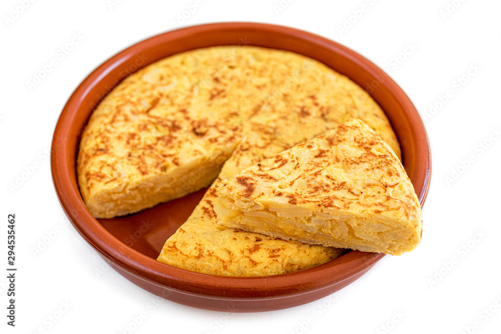 Omelette with eggs and potatoes isolated on white background. Homemade Spanish typical tortilla de patatas