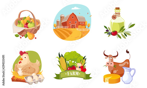 Farm Animals, Poultry and Eco Healthy Products Set, Farm and Agricultural Badges Vector Illustration
