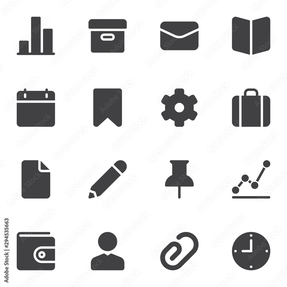 UI UX vector icons set, modern solid symbol collection, filled style  pictogram pack. Signs, logo illustration. Set includes icons as calendar,  archive folder, portfolio, setting gear, clock time, user vector de Stock