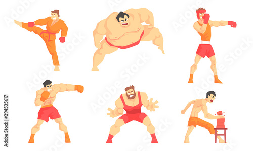 Asian Martial Arts Fighters Set, Male Professional Athletes Practicing Different Technique Kicks, Wushu, Boxing, Sumo, Wrestling Vector Illustration