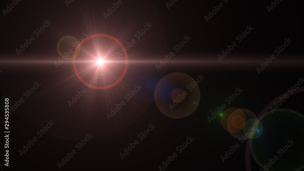 Lens flare light over black background. Easy to add overlay or screen filter over photo