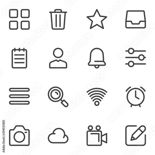 Universal basic line icons set. linear style symbols collection outline signs pack. vector graphics. Set includes icons as trash bin, task list, wifi signal, alarm clock, camera, user contact, cloud