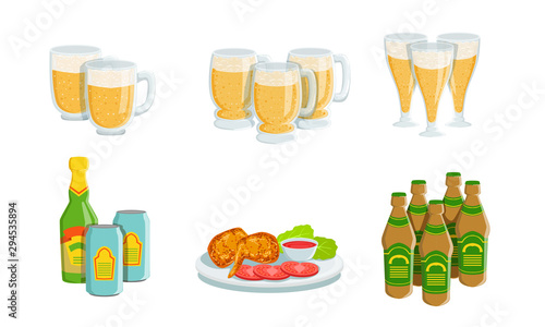 Beer Fest Elements Set, Glass Mugs of Light Beer and Appetizers Vector Illustration