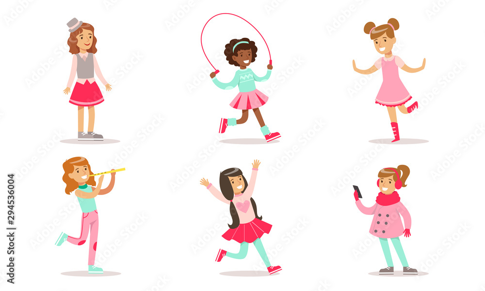 Beautiful Girls Doing Different Activities Set, Cute Adorable Girls in Pink Fashionable Clothes Vector Illustration
