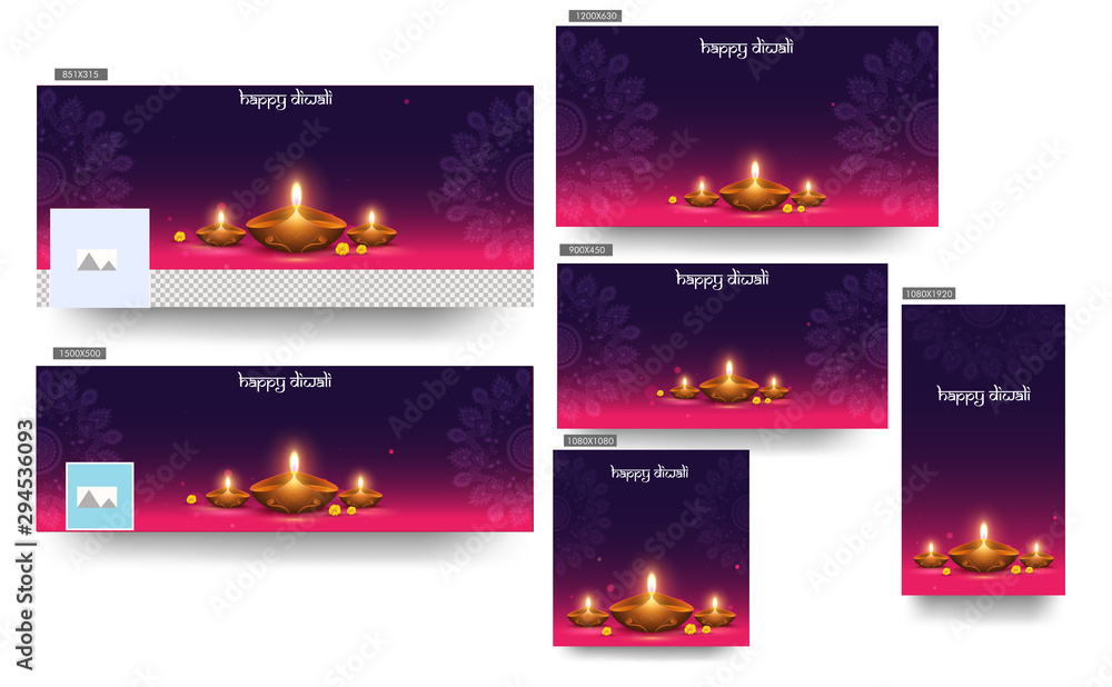 Happy Diwali header, poster and template design with illuminated oil lamp (Diya) on purple and pink mandala pattern background.
