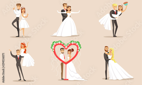 Happy Elegant Just Married Couples Set, Newlywed Bride and Groom at Marriage Ceremony Vector Illustration