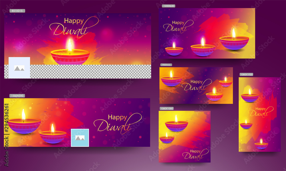 Happy Diwali celebration header, poster and template design with illuminated oil lamp (Diya) and brush stroke effect on purple bokeh background.