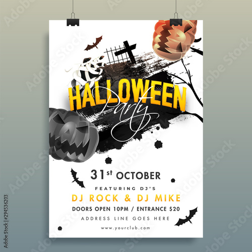 Halloween Party invitation card design with scary pumpkins, zombie hand and event details on black brush stroke background.