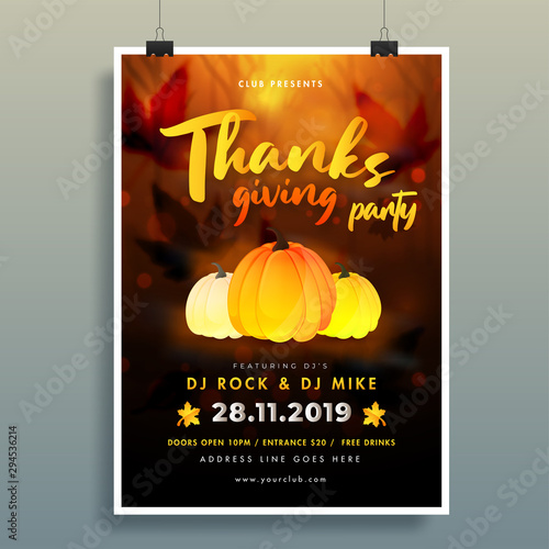 Calligraphy of Thanksgiving Party with pumpkin and event details on brown autumn leaves background for Invitation card design.