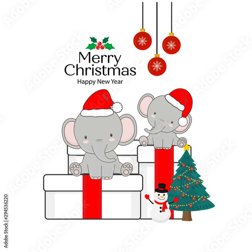 Merry Christmas Greeting Card. Elephants sitting on a gift box.