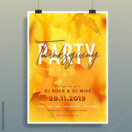 Thanksgiving Party template or flyer design with time, date and venue details on orange maple leaves background.