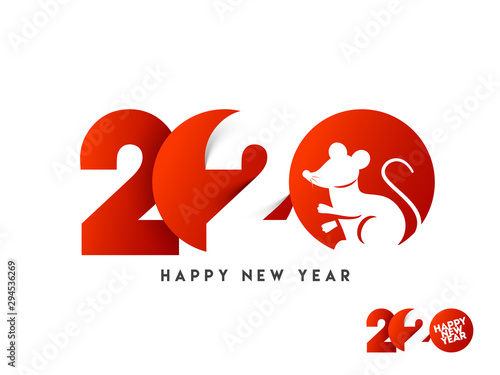 Paper cut text of 2020 with rat zodiac sign in red and white color for Happy New Year celebration.