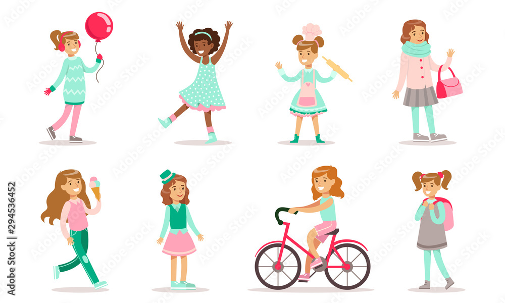 Beautiful Girls Doing Different Activities Set, Adorable Girls in Fashionable Clothes Vector Illustration