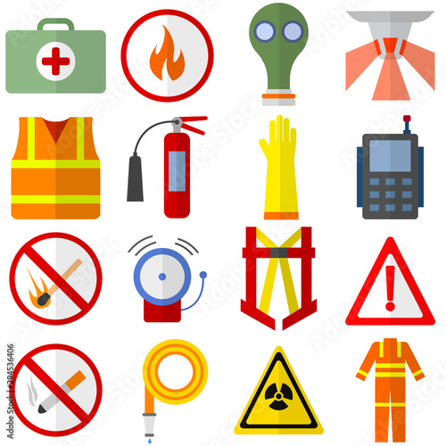 Safety elements collection, flat icons set, Colorful symbols pack contains - first aid kit, gas mask respirator, walkie talkie, fire extinguisher, work uniform. Vector illustration. Flat style design