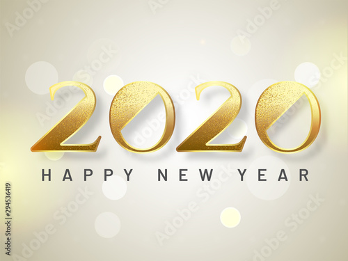 Glittering text 2020 on bokeh effect background for Happy New Year celebration. Can be used greeting card design.