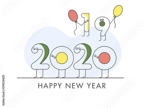 Funny cartoon number text of 2020 with flying 2019 in line art style on white background for Happy New Year celebration.