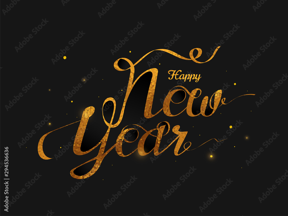 Glittering calligraphy of Happy New Year on black background.