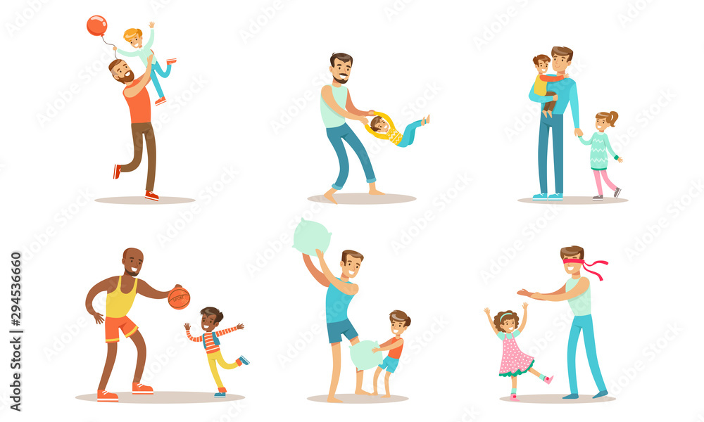 Happy Fathers Playing, Having Fun and Enjoying Good Time with Their Kids Set Vector Illustration