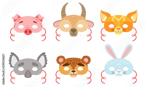 Animals Carnival Masks Set, Pig, Hen, Goat, Fox, Koala, Bear, Hare Vector Illustration