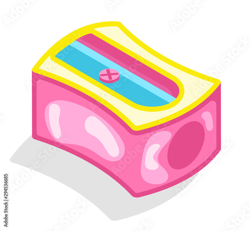 Pencil sharpener is small handheld device for making a sharp point on pencils. Pen is rotated and tips are sharpened by razor vector illustration. Back to school concept. Flat cartoon isometric 3d