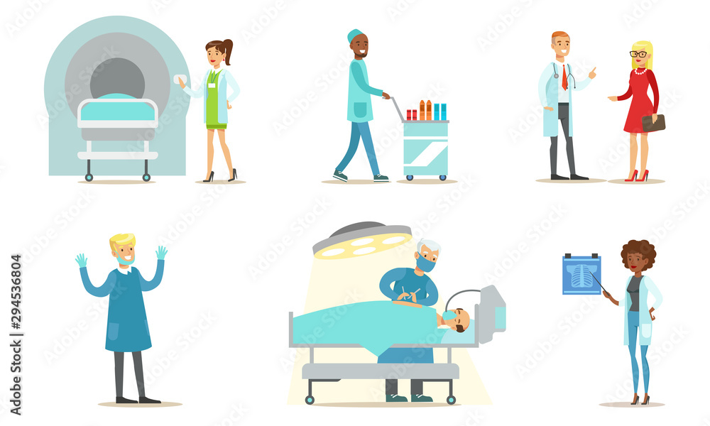 Doctors Examining and Treating Patients Set, Medical Care in Clinic or Hospital Vector Illustration