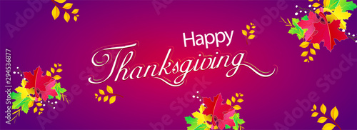 Website header or banner design with calligraphy text Happy Thanksgiving and autumn leaves decorated on purple background.