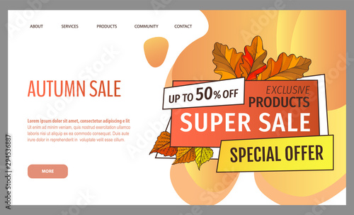 Card with seasonal proposition from store, vector. Shop sale in autumn. Autumnal offer discounts. Fall leaves with gold tag. Flyer hot price and lowered cost, promotion premium quality goods