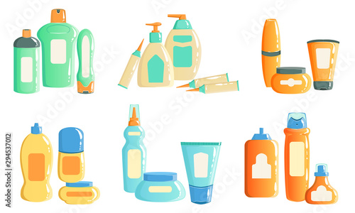 Collection of Cosmetics and Household Chemicals Packaging, Blank Containers, Pump Bottles, Jars, Tubes of Different Colors Vector Illustration