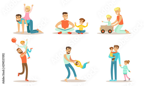 Happy Fathers Playing, Having Fun and Enjoying Good Time with Their Cute Kids Set Vector Illustration