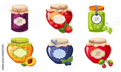 Fruit and Berries Jam Jar Glasses Set, Strawberry, Apricot, Cherry, Gooseberry, Blueberry Vector Illustration