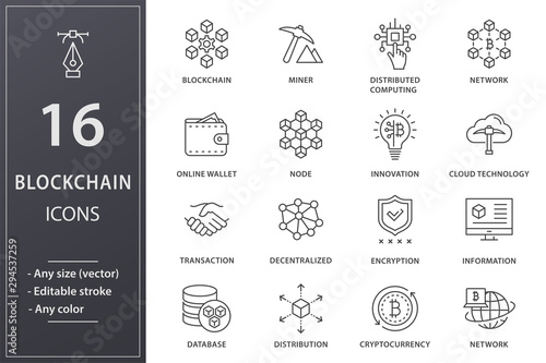 Blockchain line icons set. Black vector illustration. Editable stroke.
