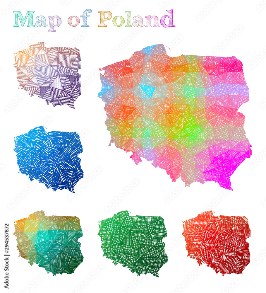Hand-drawn map of Poland. Colorful country shape. Sketchy Poland maps collection. Vector illustration. Hand-drawn map of Poland. Colorful country shape. Sketchy Poland maps collection. Vector illustration.