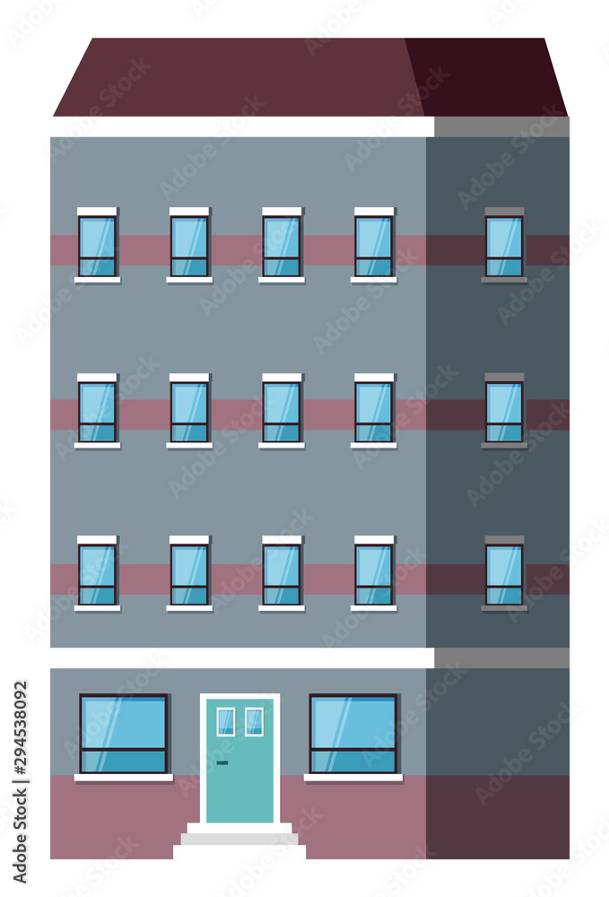 Multi-storey building with windows and entrance, shadow on house. City or street construction with grey wall, exterior of skyscraper with stairs. Vector illustration in flat cartoon style Multi-storey building with windows and entrance, shadow on house. City or street construction with grey wall, exterior of skyscraper with stairs. Vector illustration in flat cartoon style