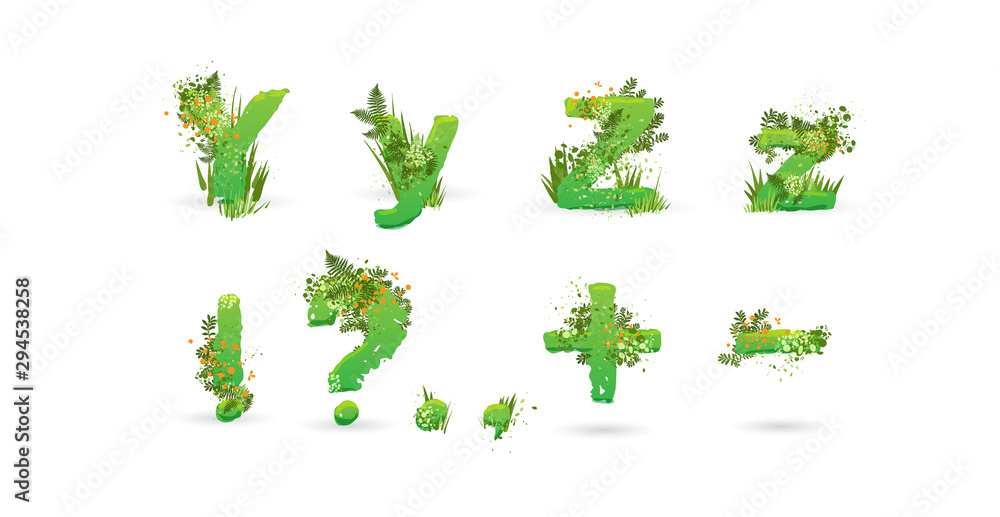 Green Leaves font. Vector illustration. Stylish eco alphabet from colorful tropical leaves, bushes, flowers and nature elements. Egology and natural font, summer and tropical letters isolated on white Green Leaves font. Vector illustration. Stylish eco alphabet from colorful tropical leaves, bushes, flowers and nature elements. Egology and natural font, summer and tropical letters isolated on white