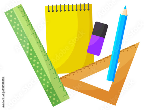 School supplies for lesson vector, isolated notebook and eraser. Ruler for measurement, mathematical devices for solving problems. Flat style pad set. Back to school concept. Flat cartoon