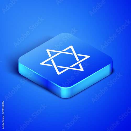 Isometric Star of David icon isolated on blue background. Jewish religion symbol. Symbol of Israel. Blue square button. Vector Illustration