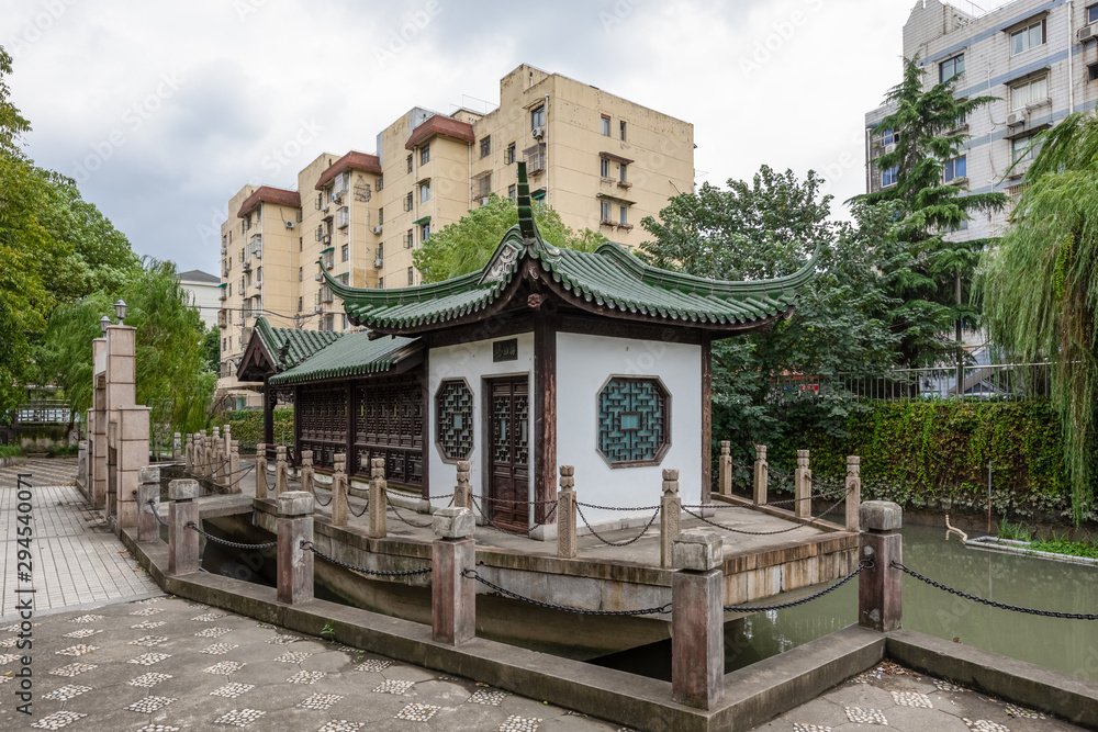 Panqufang, a marble boat pavilion or Shifang at the riverside of Zouma Pond along Wan'an Rd., Jiangwanzhen, Hongkou District, Shanghai. Restored in 2002 by local government.