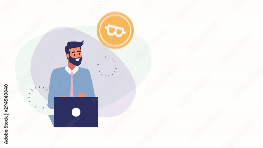 businessman with laptop and bitcoin animation businessman with laptop and bitcoin animation