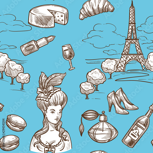 French culture symbols and historical hand drawn icons seamless pattern