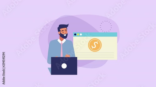 businessman with laptop and money animation