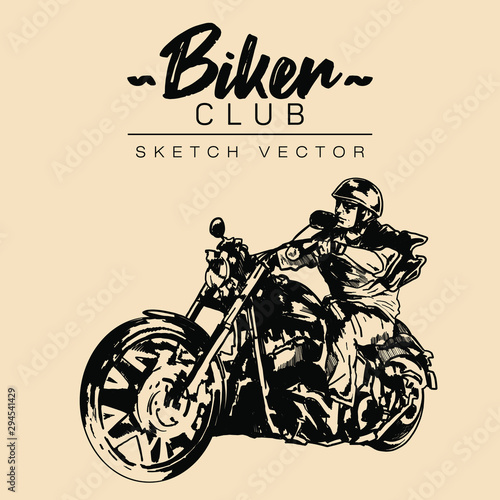 Biker on a motorcycle. Hand drawn sketch vector illustration