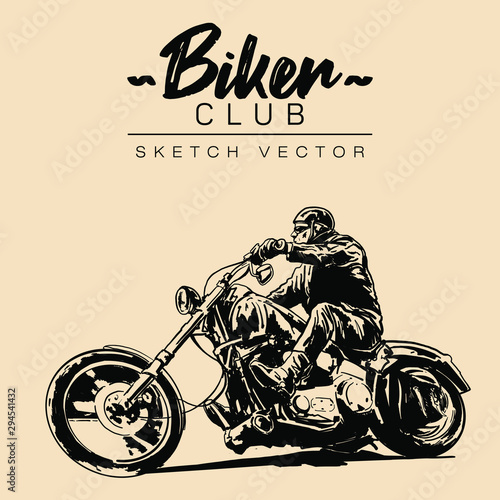 Biker on a motorcycle. Hand drawn sketch vector illustration