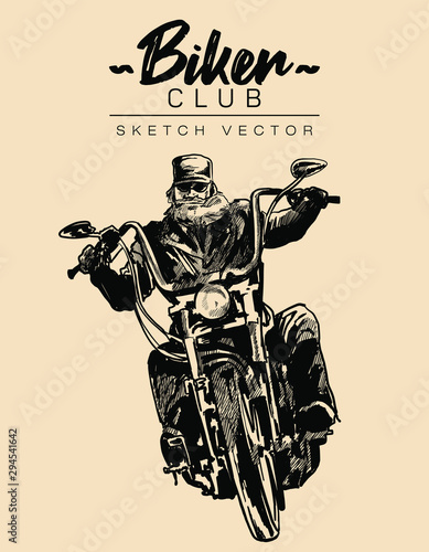 Biker on a motorcycle. Hand drawn sketch vector illustration